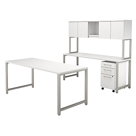 Bush Business Furniture 400 Series 72"W x 30"D Table Desk And Credenza With Hutch And 3 Drawer Mobile File Cabinet, White, Premium Installation