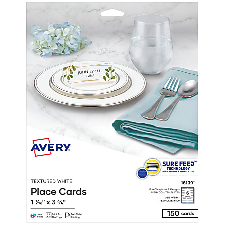 Avery Printable Blank Place Cards With Sure Feed 1 716 x 3 34 Textured  White 150 Customizable Tent Cards - Office Depot