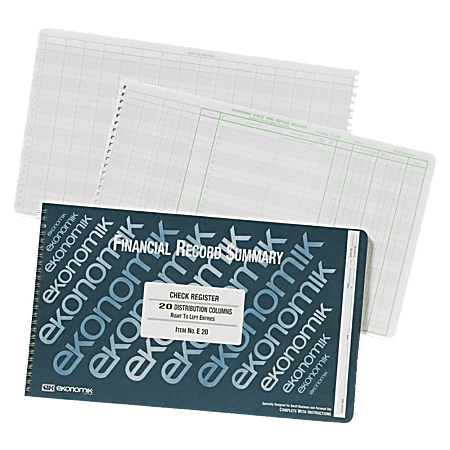 Ekonomik Check Registers Accounting System Book, 8 3/4" x 14 3/4", 40 Pages, White/Green