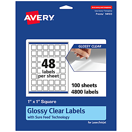 Avery® Glossy Permanent Labels With Sure Feed®, 94103-CGF100, Square, 1" x 1", Clear, Pack Of 4,800
