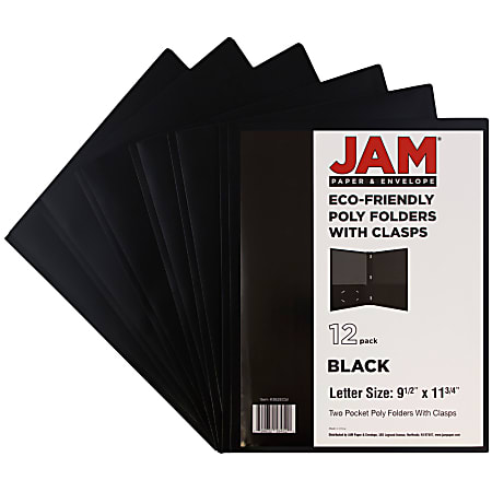 JAM Paper® 2-Pocket Eco-Friendly Poly Folders With Clasps, 9 1/2" x 11 1/2", 1" Capacity, Black, Pack Of 6