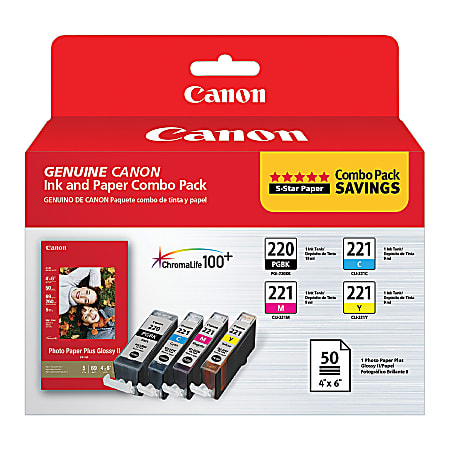 Canon® PGI-220/CLI-221 ChromaLife 100+ Black And Cyan, Magenta, Yellow Ink Tanks And Photo Paper, Pack Of 4, 2945B011