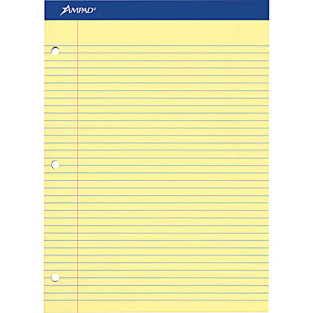 Ampad Perforated 3 Hole Punched Ruled Double Sheet Pad, 100 Sheets, 8 1/2" x 11", Canary Yellow