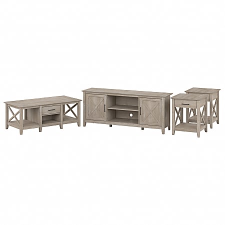 Bush® Furniture Key West TV Stand for 70" TV With Coffee Table And End Tables, Washed Gray, Standard Delivery