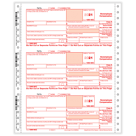 ComplyRight™ 1099-NEC Tax Forms, 3-Part, 3-Up, Copies A/B/C, Continuous, 9" x 11", Pack Of 100 Forms