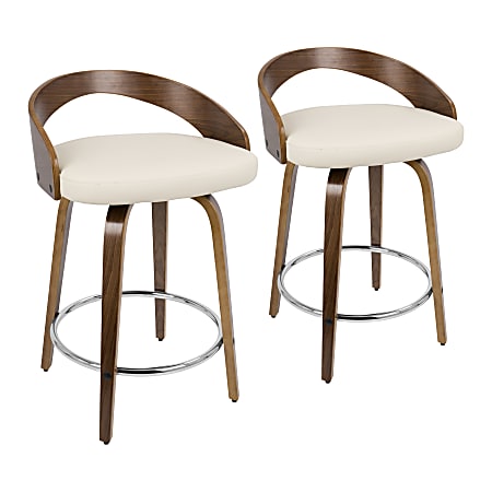 LumiSource Grotto Mid-Century Modern Counter Stools, Cream/Walnut, Set Of 2 Stools