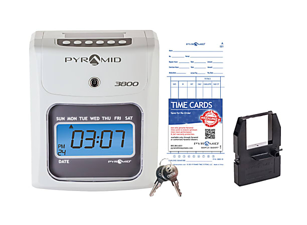 Pyramid Time Systems Small Business 3800 Auto-Totaling Time Clock Bundle, Ivory