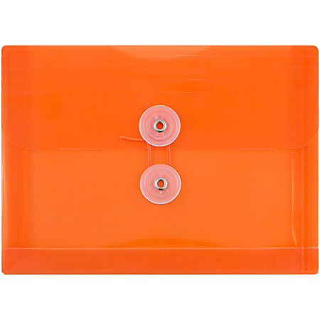 JAM Paper® Index Booklet Plastic Envelopes, 5 1/2" x 7 1/2", Button & String Closure, Orange, Pack Of 12