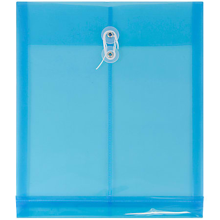 JAM Paper® Open-End Plastic Envelopes, Letter-Size, 9 3/4" x 11 3/4", Button & String Closure, Blue, Pack Of 12