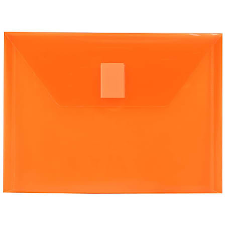 JAM Paper® Plastic Booklet Envelopes With Hook-And-Loop Fastener, 5 1/2" x 7 1/2", Gummed Seal, Orange, Pack Of 12