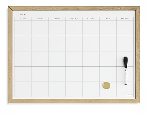 U Brands® Magnetic Dry-Erase Calendar Board, 23" x 17", White Steel Surface, Oak Wood Frame