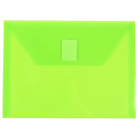 JAM Paper® Plastic Booklet Envelopes With Hook-And-Loop Fastener, 5 1/2" x 7 1/2", Gummed Seal, Lime Green, Pack Of 12