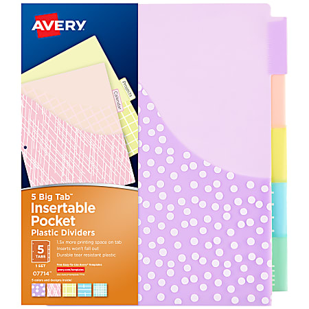 Avery® Dividers For 3 Ring Binders, 5-Tab Binder Dividers, Plastic Binder Dividers With Pockets, Insertable Big Tab™, Pastel Classic Designs, 1 Set (07714)