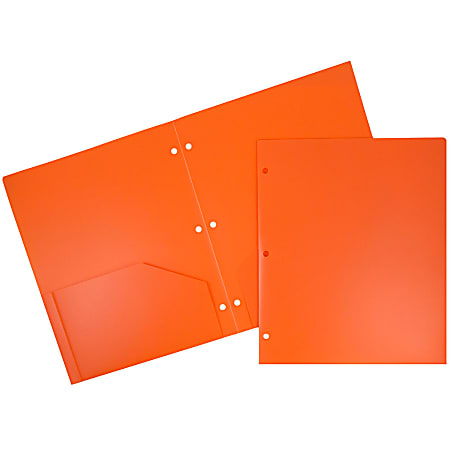 JAM Paper® Heavy-Duty 3-Hole-Punched 2-Pocket Plastic Presentation Folders, 9" x 12", Orange, Pack Of 6