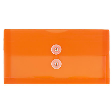 JAM Paper® Booklet Plastic Envelopes, #10, Button & String Closure, Orange, Pack Of 12