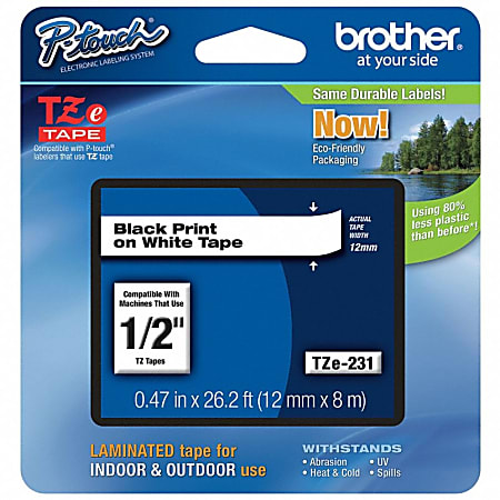 Brother® TZe-231 Black-On-White Tape, 0.5&quot; x 26.2&#x27;