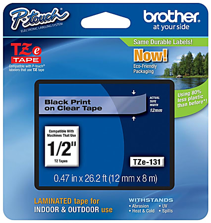 Brother® TZe-131 Black-On-Clear Tape, 0.5" x 26.2'