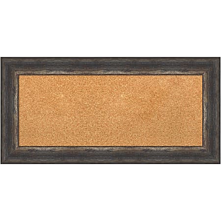 Amanti Art Rectangular Non-Magnetic Cork Bulletin Board, Natural, 35” x 17”, Bark Rustic Char Plastic Frame