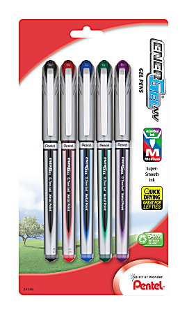 Pentel® EnerGel™ NV LiquidGel Rollerball Pens, Medium Point, 0.7 mm, Silver Barrels, Assorted Ink Colors, Pack Of 5