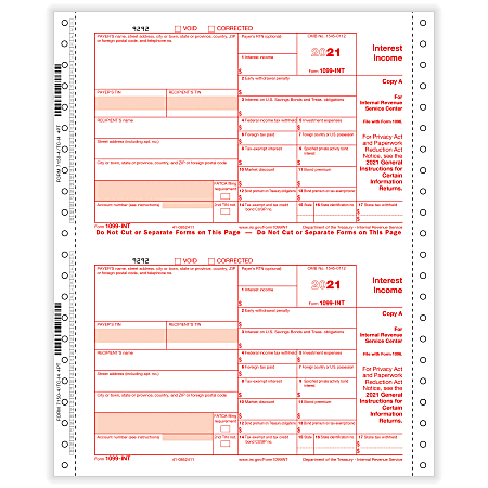 ComplyRight™ 1099-INT Tax Forms, 4-Part, 2-Up, Copies A/State/B/C, 9" x 11", Continuous, Pack Of 100 Forms