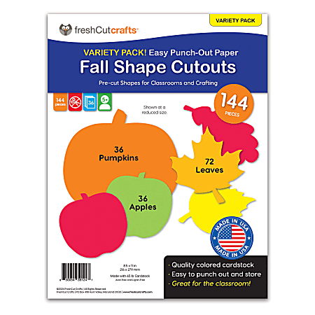 FreshCut Crafts Punch Out Paper Cutouts, Fall Shapes, Leaves, Pumpkins & Apples, 144 Pieces