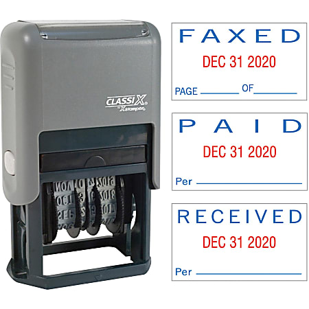 Xstamper Self-Inking Paid/Faxed/Received Dater - Message/Date Stamp - "PAID, FAXED, RECEIVED" - 0.93" Impression Width x 1.75" Impression Length - Blue, Red - Plastic - 1 Each