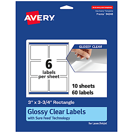 Avery® Glossy Permanent Labels With Sure Feed®, 94248-CGF10, Rectangle, 3" x 3-3/4", Clear, Pack Of 60