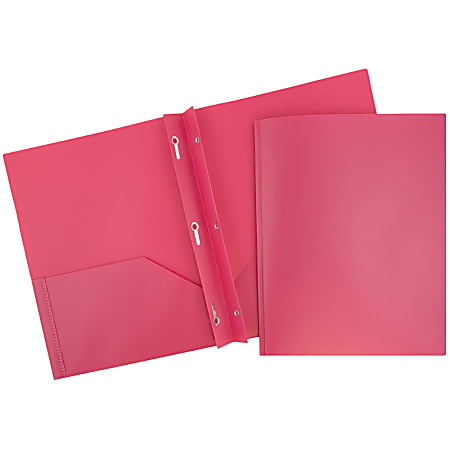 JAM Paper® Plastic 2-Pocket POP Folders with Metal Prongs Fastener Clasps, 9 1/2" x 11 1/2", Fuchsia Pink, Pack Of 6