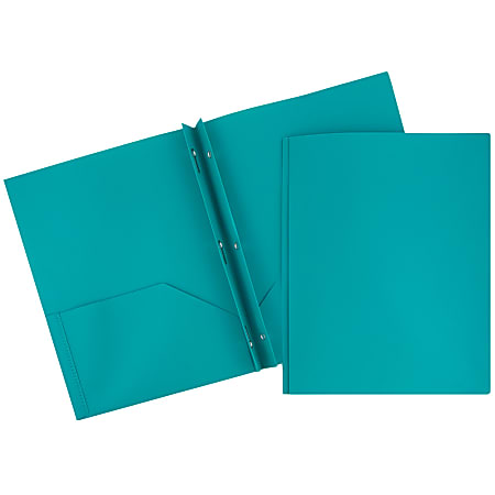 JAM Paper® Plastic 2-Pocket POP Folders with Metal Prongs Fastener Clasps, 9 1/2" x 11 1/2", Teal, Pack Of 6