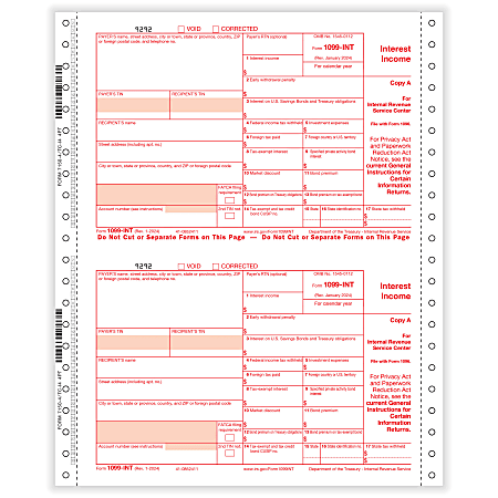 ComplyRight® 1099-INT Tax Forms Set, 4-Part, 2-Up, Copies A/State/B/C, 9" x 11", Continuous, White, Pack Of 100 Forms