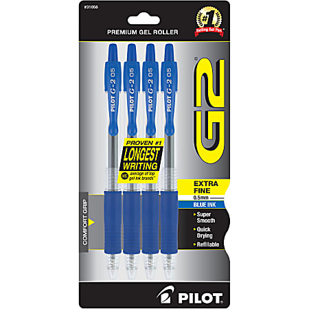 Pilot G2 Retractable Gel Pens, Extra Fine Point, 0.5 mm, Clear Barrels, Blue Ink, Pack Of 4