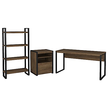 Bush Furniture Latitude 60"W Writing Desk with Printer Stand and Etagere Bookcase, Rustic Brown Embossed, Standard Delivery