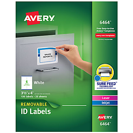 Avery® Removable ID Labels With Sure Feed® Technology, 6464, Rectangle, 3-1/3" x 4", White, Pack Of 150