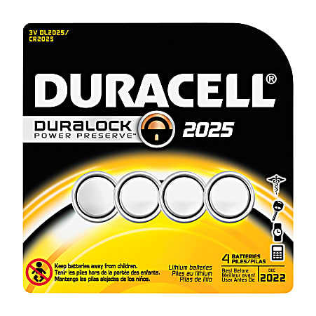 Duracell® Button-Cell Lithium 2025 Batteries, 3 Volts, Pack Of 4
