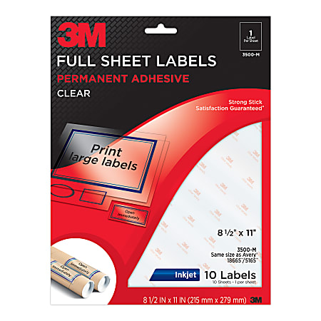 3M™ Clear Inkjet Full-Sheet Labels, 8 1/2" x 11", Pack Of 10