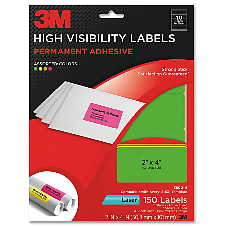 3M™ Permanent High-Visibility Laser Labels, Assorted Neon Colors, 2" x 4", Pack Of 150