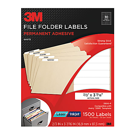 3M™ Permanent Inkjet/Laser Filing Labels, 2/3" x 3 7/16", White, Pack Of 1,500