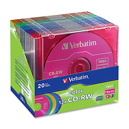 Verbatim CD-RW 700MB 4X-12X DataLifePlus with Color Branded Surface and Matching Case - 20pk Slim Case, Assorted