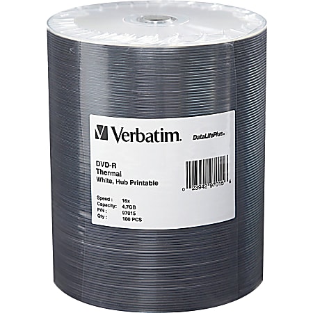Verbatim DVD-R 4.7GB 16X DataLifePlus White Thermal Printable, Hub Printable - 100Pk Tape Wrap - Thermal Printable