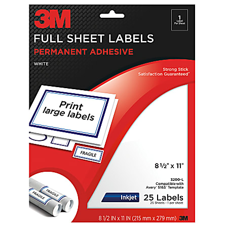 3M™ White Inkjet Permanent Full-Sheet Labels, 3200-L, 8 1/2" x 11", Pack Of 25