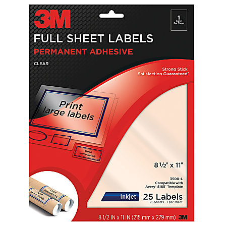 3M™ Clear Inkjet Full-Sheet Labels, 8 1/2" x 11", Pack Of 25