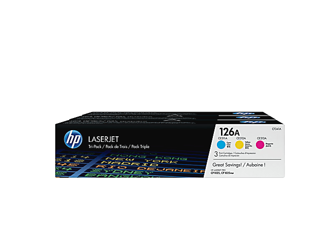 HP 126A Cyan, Magenta, Yellow Toner Cartridges, Pack Of 3, CF341A