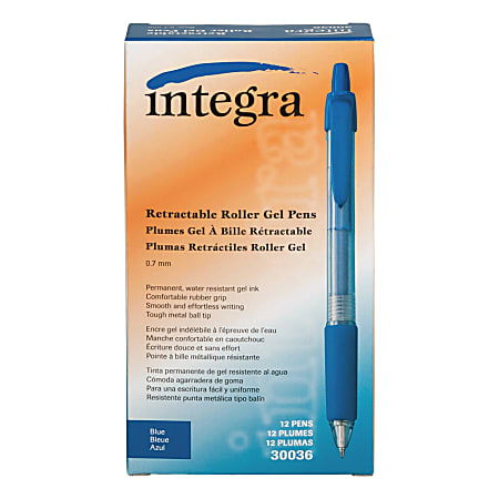 Integra Retractable Gel Pens, Medium Point, 0.7 mm, Blue Barrel, Blue Ink, Pack Of 12 Pens