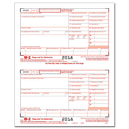 ComplyRight™ W-2 Inkjet/Laser Tax Forms, Federal Copy A To SSA, 2-Up, 8 1/2" x 11", Pack Of 2,000 Forms
