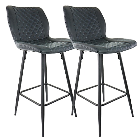 Elama Diamond-Stitched Faux Leather Bar Chairs, Black/Silver, Set Of 2 Chairs