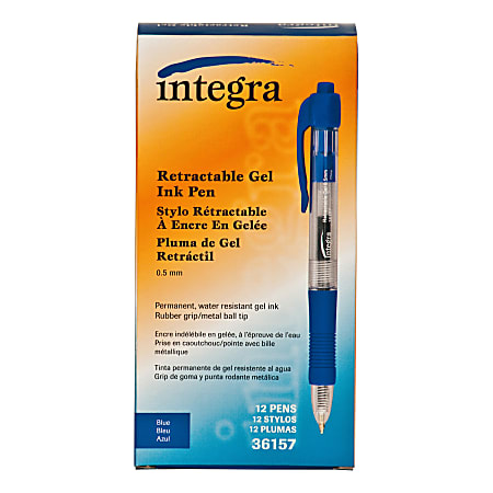 Integra Retractable Gel Pens, Fine Point, 0.5 mm, Blue Barrel, Blue Ink, Pack Of 12 Pens