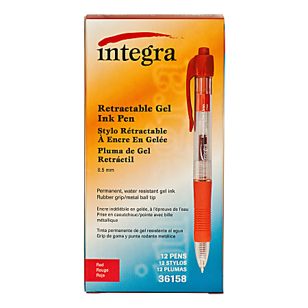 Integra Retractable Gel Pens, Fine Point, 0.5 mm, Red Barrel, Red Ink, Pack Of 12 Pens