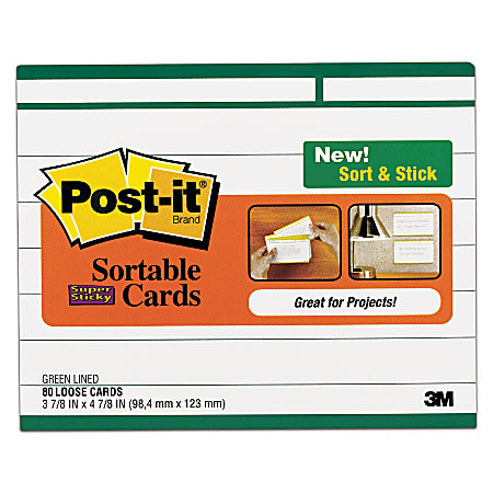 Post-it® Shuffle And Stick Index Cards, 4" x 5", Green/White Header, Pack Of 80
