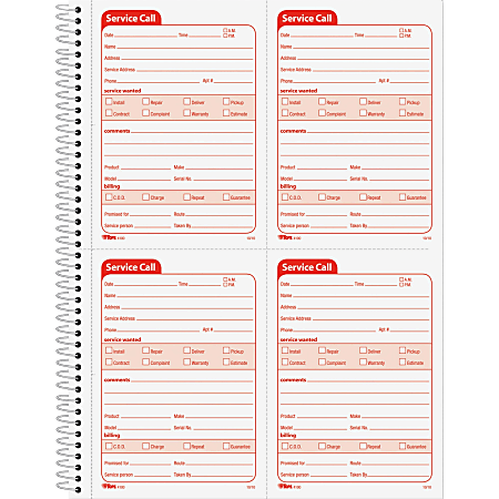 TOPS Service Call 2-part Spiral Message Slip Book - 200 Sheet(s) - Spiral Bound - 2 Part - Carbonless Copy - 5.50" x 4" Form Size - 8 1/4" x 11" Sheet Size - Red Print Color - 1 / Each