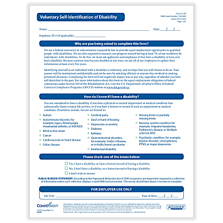 ComplyRight™ Voluntary Self-Identification Of Disability Forms, 8-1/2" x 11", Pack Of 25 Forms